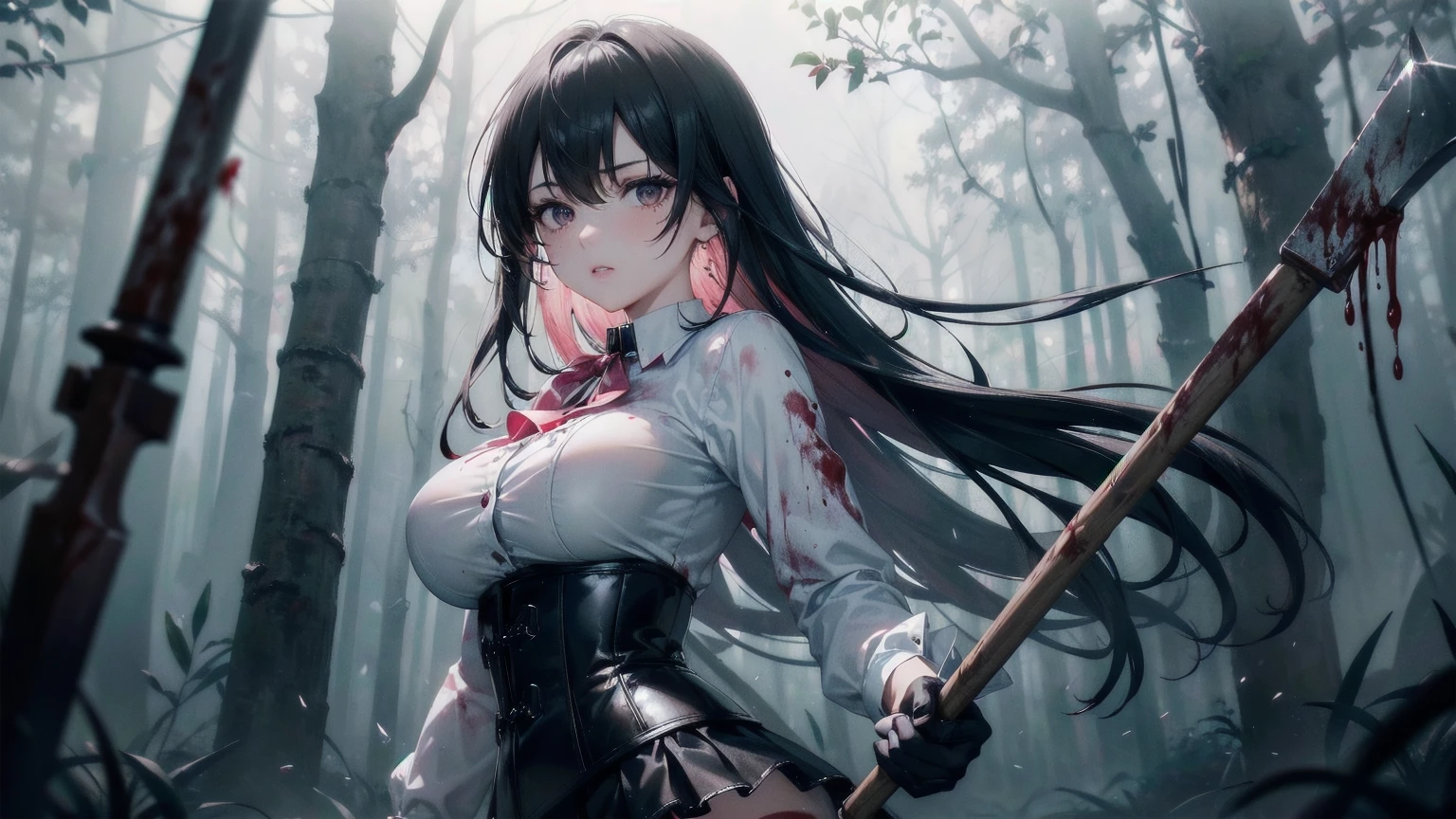 ((blood droplets)), ((blood)), ((blood splatter)), ((blood on clothes)) ((blood stain)), masterpiece, Superior image quality, High resolution, 4k image,photo and gross, photorealistic, whole body, distant view, 1 young man of 15 years, {{{vagina}}}, big breasts, beautiful face, long black hair, black eyes, very detailed eyes, pink cheeks, serious expression, choker:1.6, (white collar button down long sleeve shirt), black gloves, gloves that cover hands, (holding an ax in the right hand), (black leather corset), (shiny black miniskirt), Sensual Lips, show details in the eyes, View from the front, looking at the viewer, gloomy forest, at night, atmosphere, fog