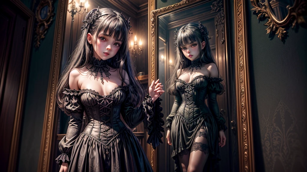 Dark and alluring oil painting of a young succubus., , standing in her charming bedroom. Her ((innocence)) contrasts with her seductive presence, when she looks in the mirror, decorated with intricate patterns. ((Gothic)) details. The room is filled with antique furniture, plush ((velvet)) curtains, and aura ((forbidden charm)).