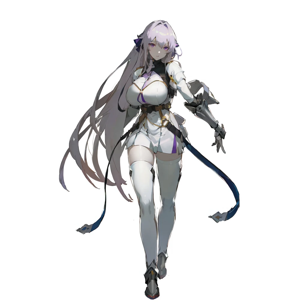anime girl with long silver hair and armor in her left arm walking, character pose, anime character sheet, official character art, cushart krenz key art feminine, ( ( character concept art ) ), purple hairties, purple laces, female anime character, (light purple eyes), ((big breasts)), short white dress, armor in belly, belts, white long socks, fantasy anime character, (((pale skin))), characters from azur lane