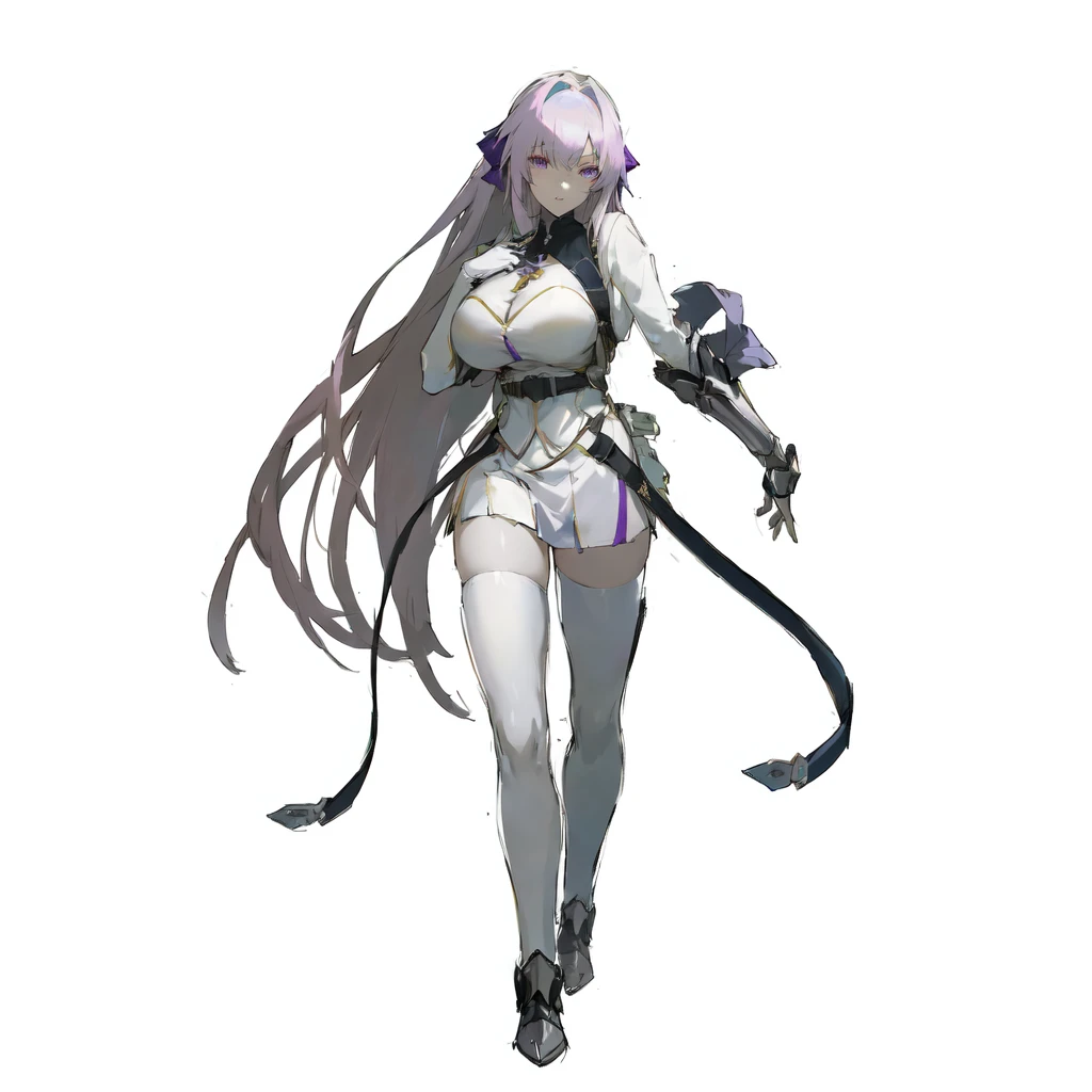 anime girl with long silver hair and armor in her left arm walking, character pose, anime character sheet, official character art, cushart krenz key art feminine, ( ( character concept art ) ), purple hairties, purple laces, female anime character, (light purple eyes), ((big breasts)), short white dress, armor in belly, belts, white long socks, fantasy anime character, (((pale skin))), characters from azur lane