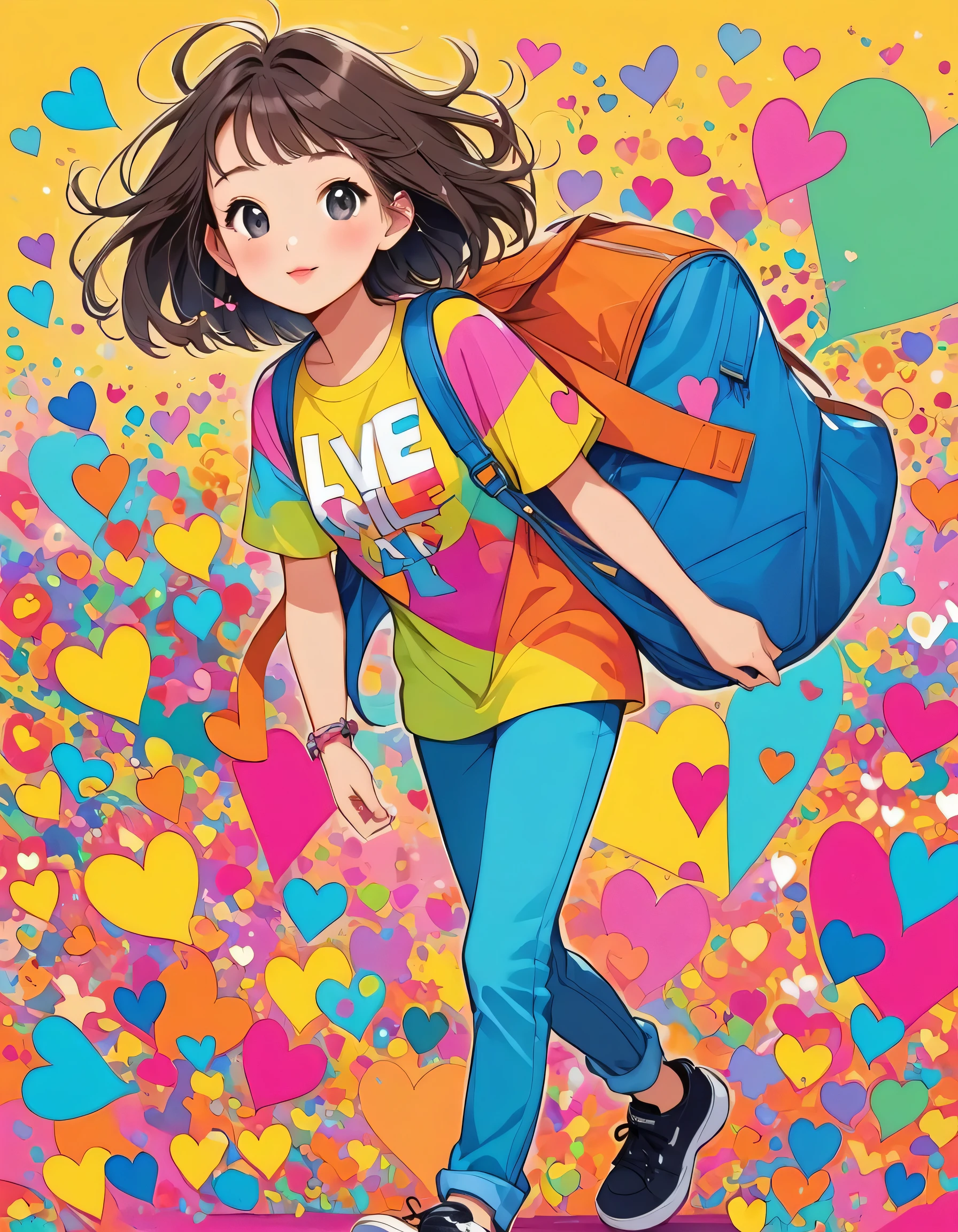 Keith Haring colorful style, Simple Line Initialism,Abstract art,Urban Background, (((The most beautiful girl of all time))), black eyes, Sweet face. Lips in love, walking, colorful hearts, stylish design