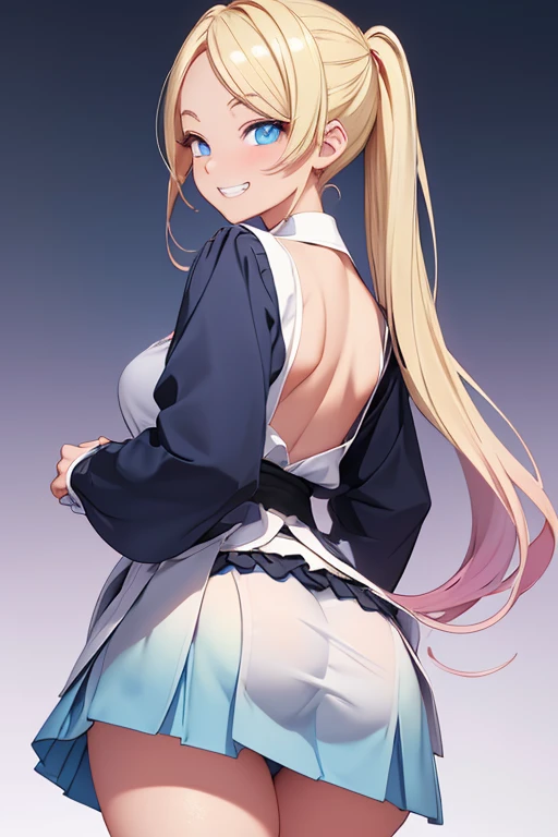 Realistic、masterpiece, 1house wife、blonde hair、twin tail, red eyes, (eye focus:1.3,face focus),(Gradient eyes:1.3),(sexy panties)、open mouth,(grin:1.3),forehead,cute face、((Thick thighs、Beautiful thighs)), A condescending gaze on the viewer,((Raise your arms, Expose your armpits)), Wrestler