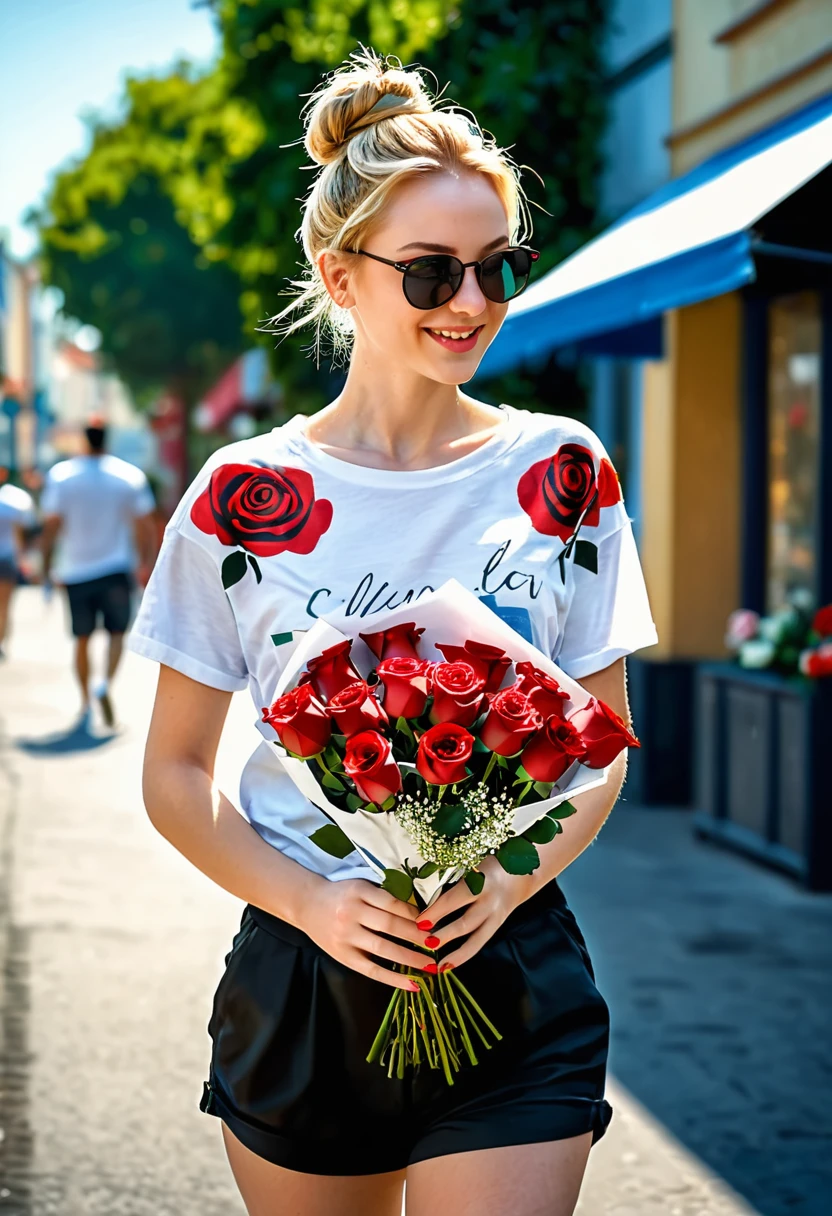 Detail depiction of a beautiful woman walking down the street with a bouquet of red roses, a happy expression, her blonde hair tied in a messy bun, (casual wear: 1.1), a white t-shirt, a long skirt in a flowing summer material, high heels and sunglasses on her head. , flowers on background, store, outdoor, sunny day, (highest quality, 4k,8k, high resolution, masterpiece:1.2), highly detailed,(realistic, photorealistic, photorealistic:1.37),HDR,UHD, studio lighting, ultra fine Painting, Sharp Focus, Physically Based Rendering, High Detail, Professional, Vivid Colors, Bokeh, Portraits