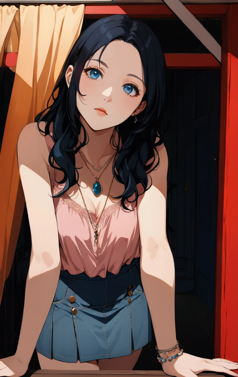 anime illustration of beauty young woman, appearing at window, looking at viewer, {she wears light-red sleeveless shirt with necklace and prussian-blue denim pencil mini skirt}, vivid colors, anime style, (1girl, solo, full body), (masterpiece, best quality),