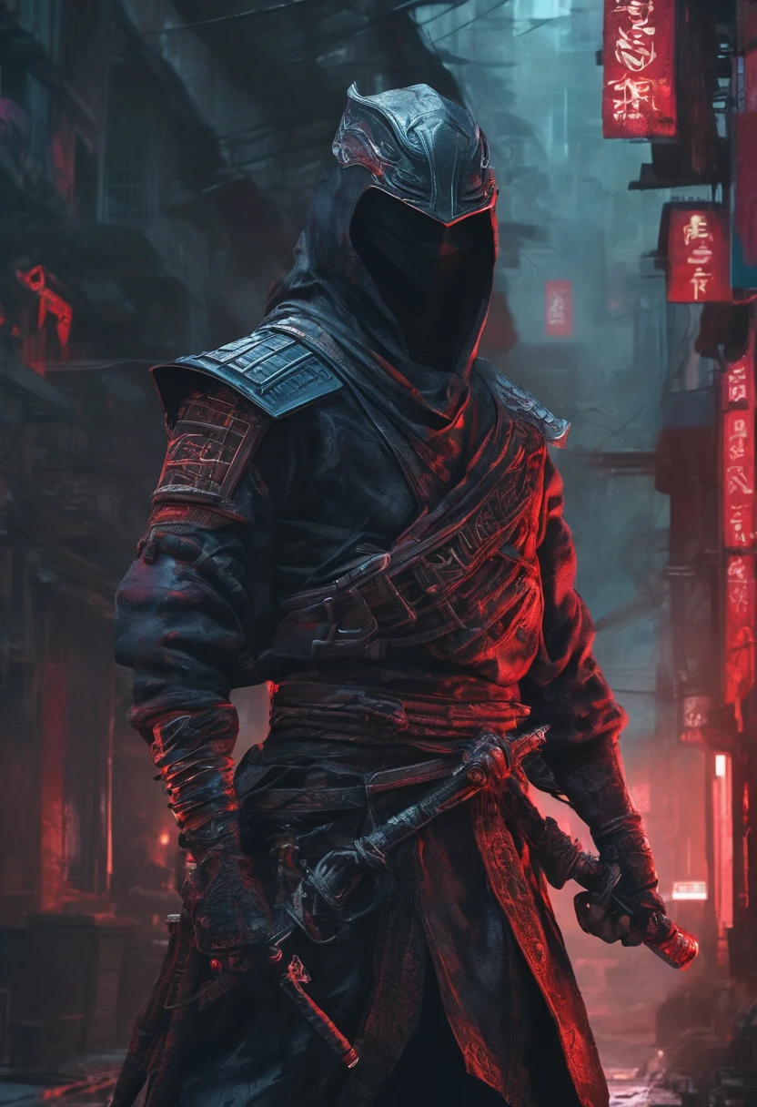 (realistic:1.37),DETAILED BIOMECHANICS NINJA,Nightmare Biomesha Dream,Sharpened Katana,Shuriken,Dark and textured environments,BAD OMINOUS LIGHTING,Description of Ninja Mask,Powerful gestures,Hidden movements,Reflecting shadows of moonlight on ninja armor,Creepy mechanical limbs,Smoke and fog effects in the background,Sketch a shadow lurking in the shadows,glowing red eyes,The atmosphere was ominous.,dynamic action gestures,Distinctive and amazing composition,Highly detailed surface and material,Delicate gradients with dark tones and moods,Mysterious and eerie atmosphere,Emphasis on muscle definition and anatomy,Dynamic lighting that highlights ninja features and creates depth,The attention to detail is impeccable.,Exquisite craftsmanship in ninja armor and weapons,At night, with the full moon illuminating the area.,Haunting and surreal elements that blur the line between reality and fantasy,A miserable and suspicious atmosphere that evokes a sense of danger and intrigue.,meticulously crafted katana and Shuriken with intricate designs and engravings,Impressive level of realism and sharpness of images.,The presence of a biomechanical ninja who expresses strength and power.,Dreamy and surreal elements that add a special touch to the visual composition.,Professional rendering and lighting techniques that improve overall quality.,High-resolution textures and materials that enliven images with incredible detail..