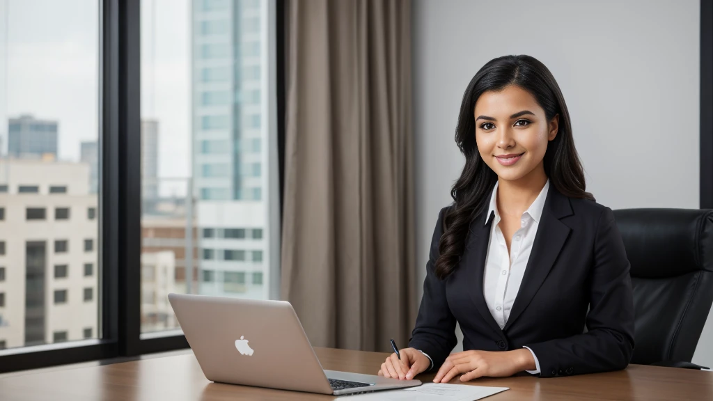 raia, a beautiful girl in a professional office setting, black hair, looking at viewer, elegant red business attire, gentle expression, full smile, professional and efficient, office supplies, warm lighting, photorealistic, highly detailed, cinematic composition, dramatic lighting, color grading, Rembrandt lighting