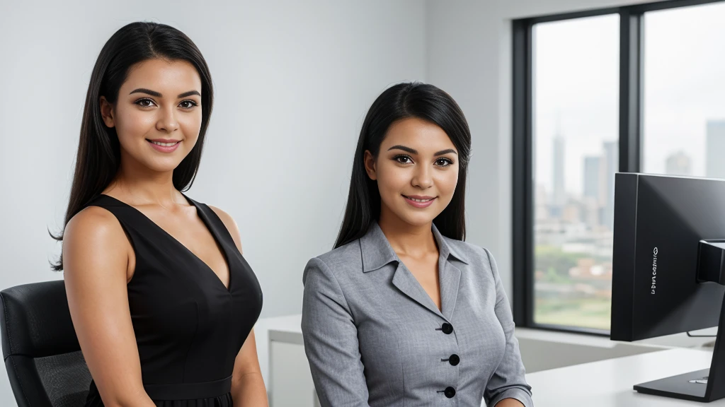 raia, a beautiful girl in a professional office setting, black hair, looking at viewer, elegant red business attire, gentle expression, full smile, professional and efficient, office supplies, warm lighting, photorealistic, highly detailed, cinematic composition, dramatic lighting, color grading, Rembrandt lighting