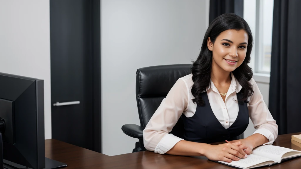 raia, a beautiful girl in a professional office setting, black hair, looking at viewer, elegant red business attire, gentle expression, full smile, professional and efficient, office supplies, warm lighting, photorealistic, highly detailed, cinematic composition, dramatic lighting, color grading, Rembrandt lighting