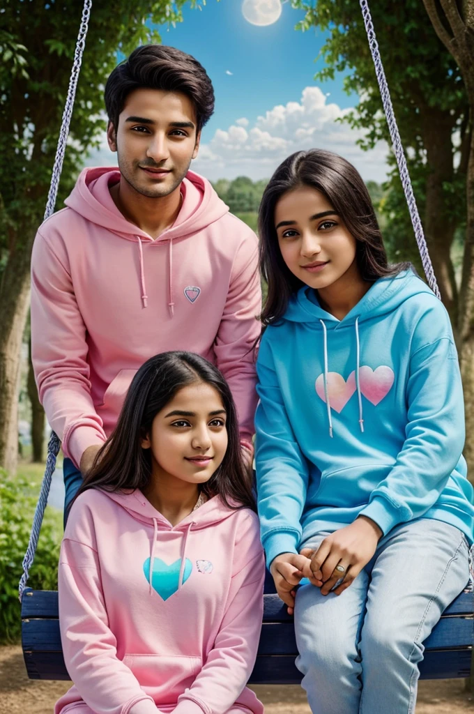 There are 19 year old couple sitting of front on a swing in the beautiful greenery view wearing a sky blue and pink hoodie boy with name saif , write on it , girl with name hasiba, write on it , lovely couple , sitting on a moon heart emoji , holding hands in the moonlight realistic art painting detail photo