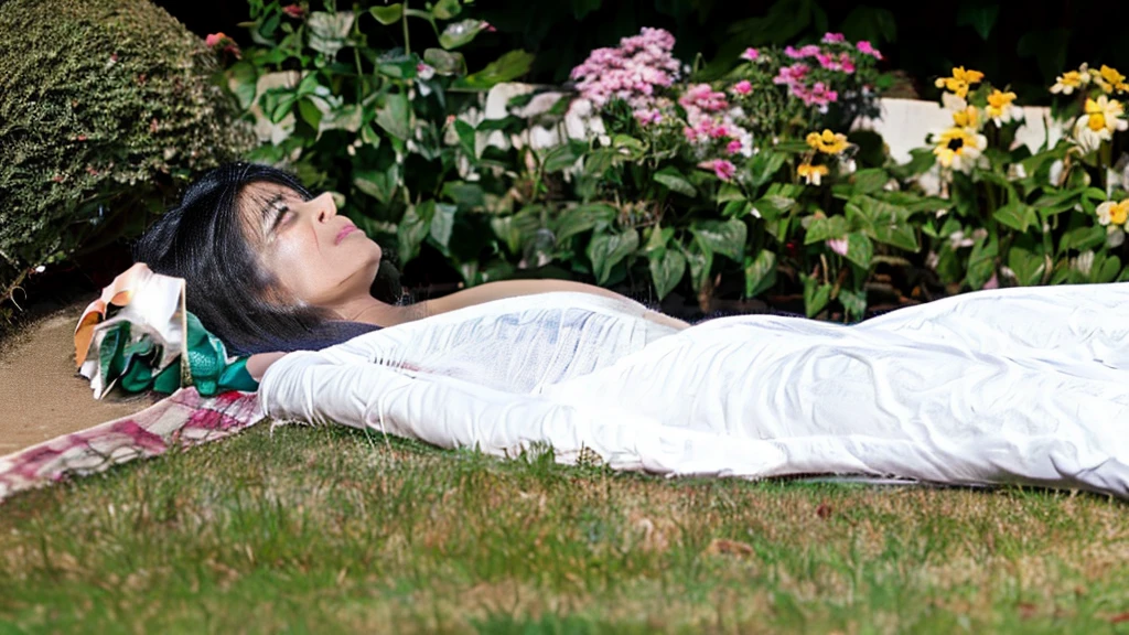 pretty Philippines woman, pink-blue long hair style,cry while smile, furrowed eyebrows, closing eyes, face facing upwards, transparent, clear full body. captured from above high angle. (lying in a pile of green grass and colorful little flowers), a man hands holding her chest ,and holding a big purple eggplant, text on grass name "CAYANG", beside on Lush Trees, natural backdrop heaven landscape 