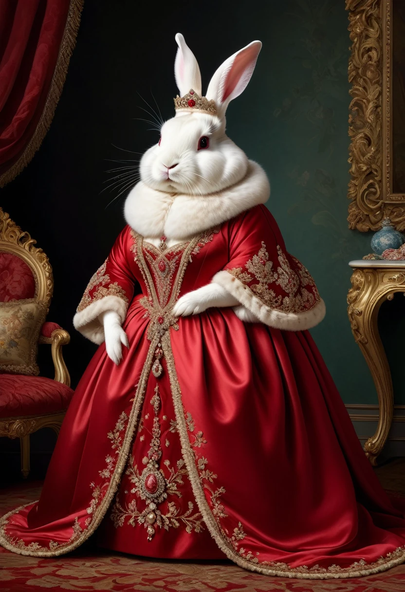 photorealistic portrait of Dressed animals - a ((fat)) (angora rabbit) princess, (full body image:1.5),(elegant pose:1.5) Wearing luxury sack-back gown,(wearing luxury tiara),(hands on hips:1.5), Old-fashioned luxury  loyal red dress, detailed and opulent description of a loyal aristocratic sack-back gown in Rococo , emphasizing luxurious fabrics, intricate embroidery, and ornate accessories, Rococo style king palace  background,(looking at viewer:1.5),score_9, score_8_up, score_7_up, score_6_up, score_5_up, score_4_up,