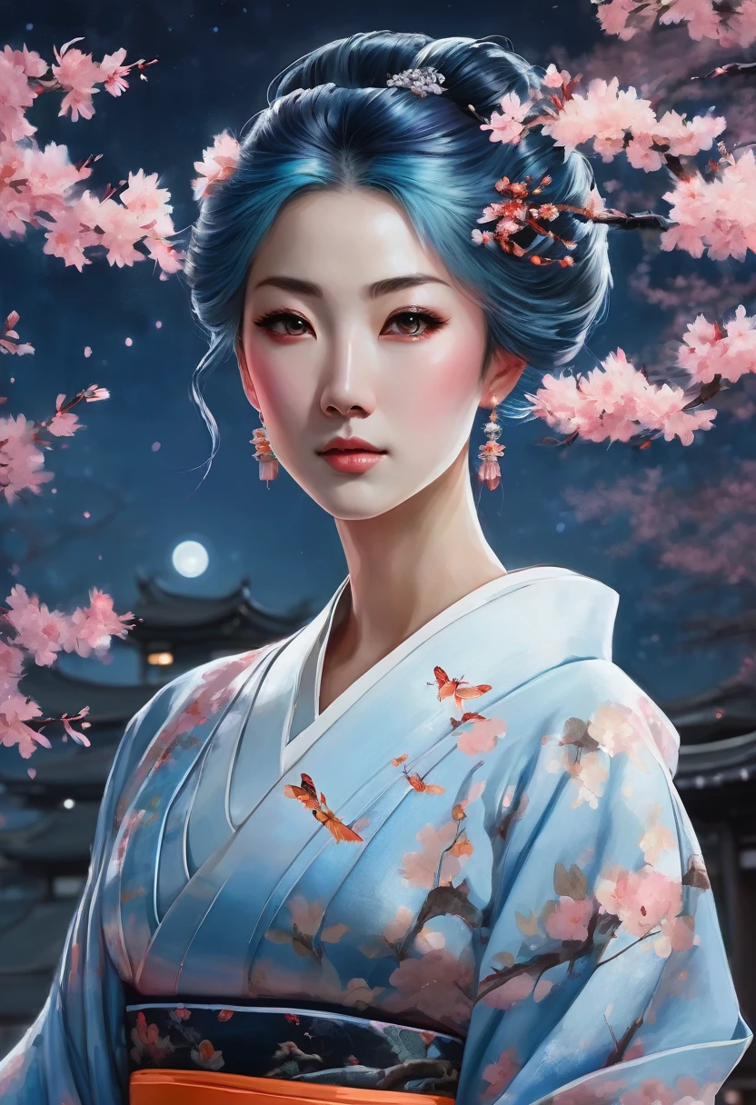 This mesmerizing artwork captures a captivating woman in a flowing, light blue kimono adorned with intricate floral patterns, standing gracefully against a serene moonlit night. A cherry blossom tree bursts into full bloom behind her, adding to the enchanting atmosphere. Her blue and pink hair, styled in an elegant updo, is adorned with a vibrant orange ribbon and a delicate hair ornament.
The artwork masterfully combines traditional Japanese aesthetics with a touch of fantasy, showcasing a harmonious fusion of Eastern and Western elements. The soft glow of the moonlight illuminates the scene, highlighting the ethereal beauty of the woman and the delicate petals of the cherry blossoms.