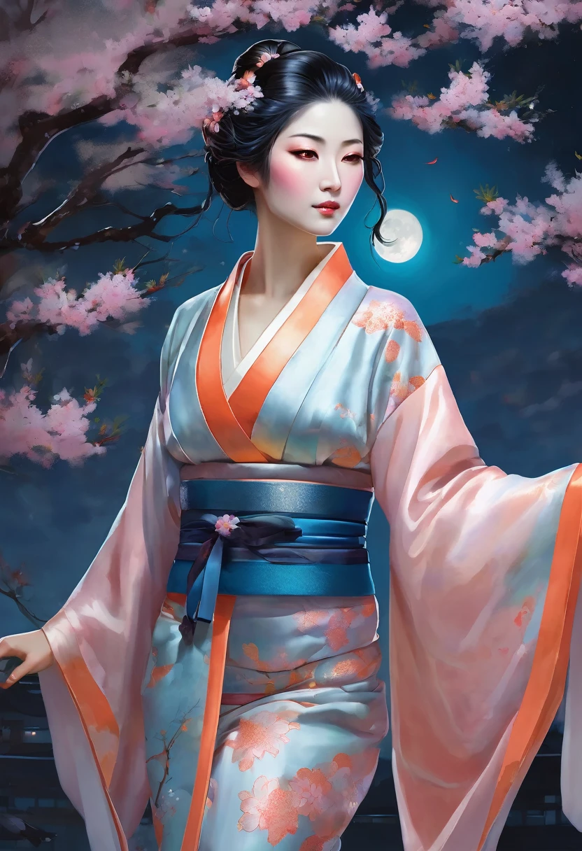 This mesmerizing artwork captures a captivating woman in a flowing, light blue kimono adorned with intricate floral patterns, standing gracefully against a serene moonlit night. A cherry blossom tree bursts into full bloom behind her, adding to the enchanting atmosphere. Her blue and pink hair, styled in an elegant updo, is adorned with a vibrant orange ribbon and a delicate hair ornament.

The artwork masterfully combines traditional Japanese aesthetics with a touch of fantasy, showcasing a harmonious fusion of Eastern and Western elements. The soft glow of the moonlight illuminates the scene, highlighting the ethereal beauty of the woman and the delicate petals of the cherry blossoms.
