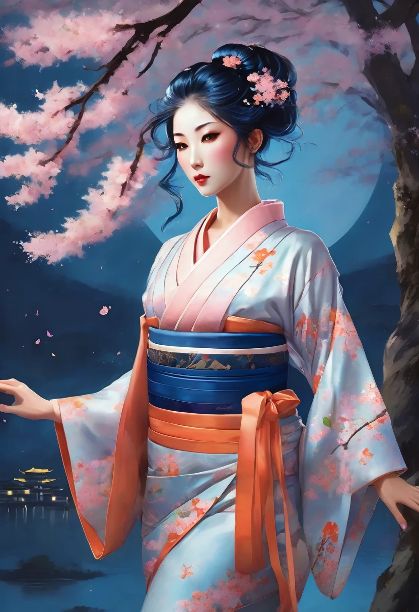 This mesmerizing artwork captures a captivating woman in a flowing, light blue kimono adorned with intricate floral patterns, standing gracefully against a serene moonlit night. A cherry blossom tree bursts into full bloom behind her, adding to the enchanting atmosphere. Her blue and pink hair, styled in an elegant updo, is adorned with a vibrant orange ribbon and a delicate hair ornament.
The artwork masterfully combines traditional Japanese aesthetics with a touch of fantasy, showcasing a harmonious fusion of Eastern and Western elements. The soft glow of the moonlight illuminates the scene, highlighting the ethereal beauty of the woman and the delicate petals of the cherry blossoms.