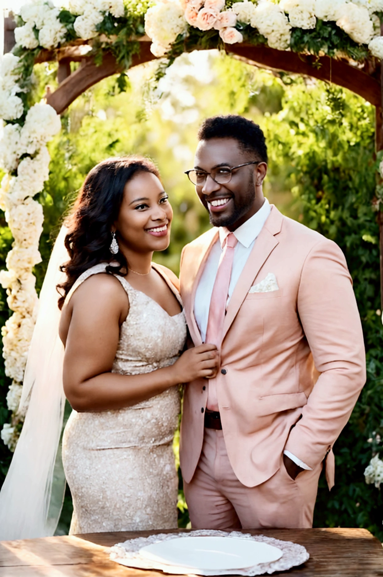 A Dark skin complexion African American man and a Brown skin complexion woman stand side by side, posing for a photo with smiles on their faces. The man is dressed in a  suit and tie, while the woman wears a black dress with high heels . Both are well-dressed and appear to be celebrating their wedding anniversary day.
A romantic setting for a wedding anniversary celebration. A wooden table adorned with a delicate white lace tablecloth, crystal glasses reflecting the soft glow of candlelight, and a lovely centerpiece with a bouquet of red roses. In the background, golden sunset light streams in through a large window, casting a warm and inviting hue over everything.An enchanting romantic scene of a beautifully set outdoor table under a rustic wooden pergola adorned with fairy lights. The centerpiece is a lush bouquet of delicate flowers in pastel colors, with elegant crystal goblets and golden cutlery on both sides. In the backdrop, a stunning view of a serene lake at sunset where the sky is ablaze with hues of orange and pink. The warm glow adds a magical touch to the celebration.