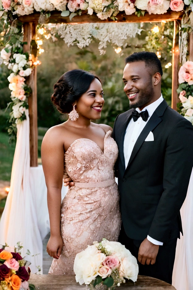 A Dark skin complexion African American man and a Brown skin complexion woman stand side by side, posing for a photo with smiles on their faces. The man is dressed in a  suit and tie, while the woman wears a black dress with high heels . Both are well-dressed and appear to be celebrating their wedding anniversary day.
A romantic setting for a wedding anniversary celebration. A wooden table adorned with a delicate white lace tablecloth, crystal glasses reflecting the soft glow of candlelight, and a lovely centerpiece with a bouquet of red roses. In the background, golden sunset light streams in through a large window, casting a warm and inviting hue over everything.An enchanting romantic scene of a beautifully set outdoor table under a rustic wooden pergola adorned with fairy lights. The centerpiece is a lush bouquet of delicate flowers in pastel colors, with elegant crystal goblets and golden cutlery on both sides. In the backdrop, a stunning view of a serene lake at sunset where the sky is ablaze with hues of orange and pink. The warm glow adds a magical touch to the celebration.