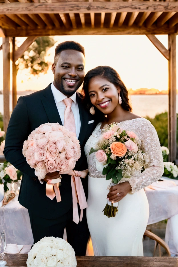 A Dark skin complexion African American man and a Brown skin complexion woman stand side by side, posing for a photo with smiles on their faces. The man is dressed in a  suit and tie, while the woman wears a black dress with high heels . Both are well-dressed and appear to be celebrating their wedding anniversary day.
A romantic setting for a wedding anniversary celebration. A wooden table adorned with a delicate white lace tablecloth, crystal glasses reflecting the soft glow of candlelight, and a lovely centerpiece with a bouquet of red roses. In the background, golden sunset light streams in through a large window, casting a warm and inviting hue over everything.An enchanting romantic scene of a beautifully set outdoor table under a rustic wooden pergola adorned with fairy lights. The centerpiece is a lush bouquet of delicate flowers in pastel colors, with elegant crystal goblets and golden cutlery on both sides. In the backdrop, a stunning view of a serene lake at sunset where the sky is ablaze with hues of orange and pink. The warm glow adds a magical touch to the celebration.