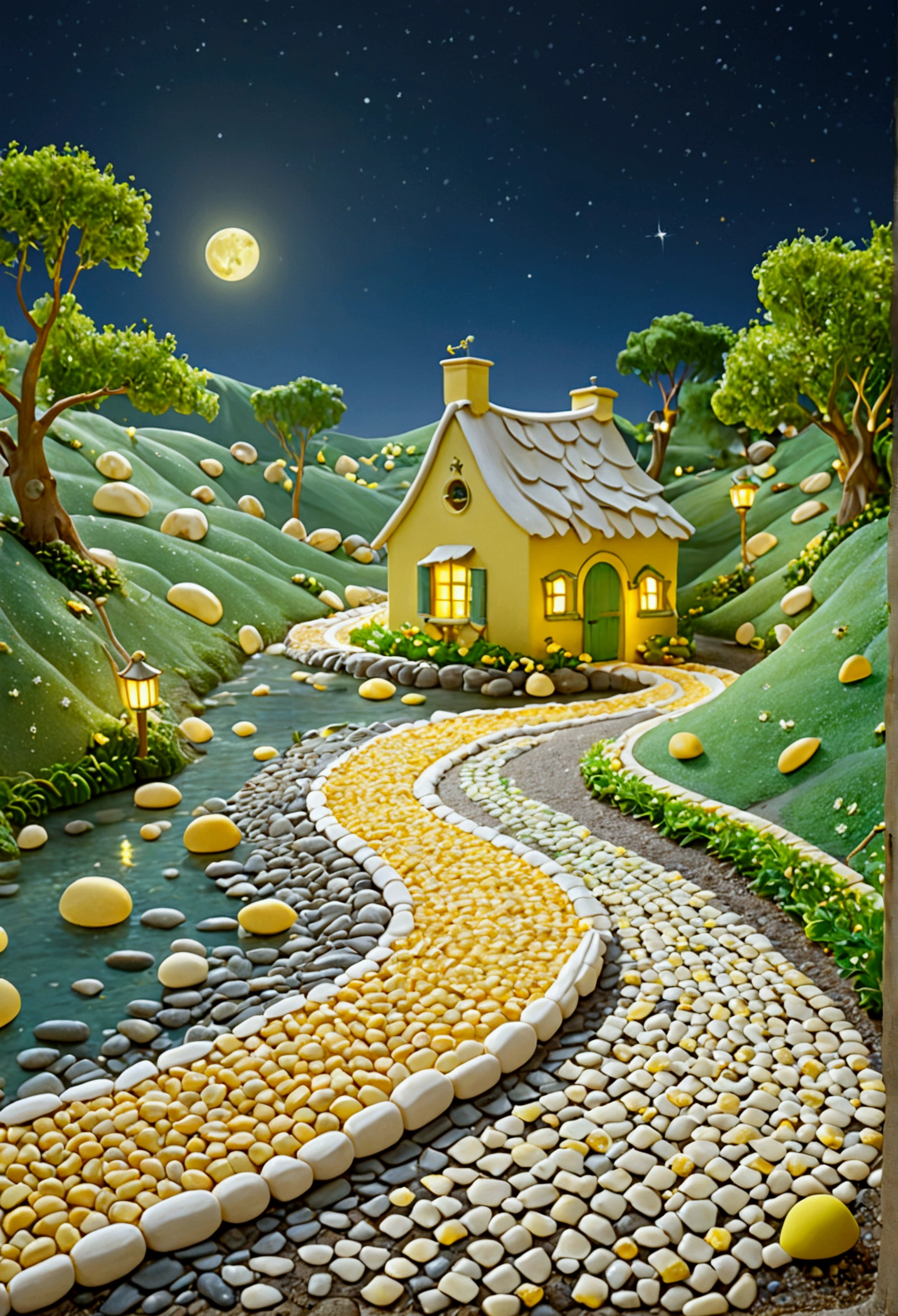 A beautiful calm and peaceful lagoon that reflects the brightness of the stars and moonlight, the stars and the moon have a yellow hue in a starry sky at the bottom of the lagoon cutting horizontally through the landscape we see a little road made of shiny pebbles that passes in front of the little house of a farm. disney pixar style