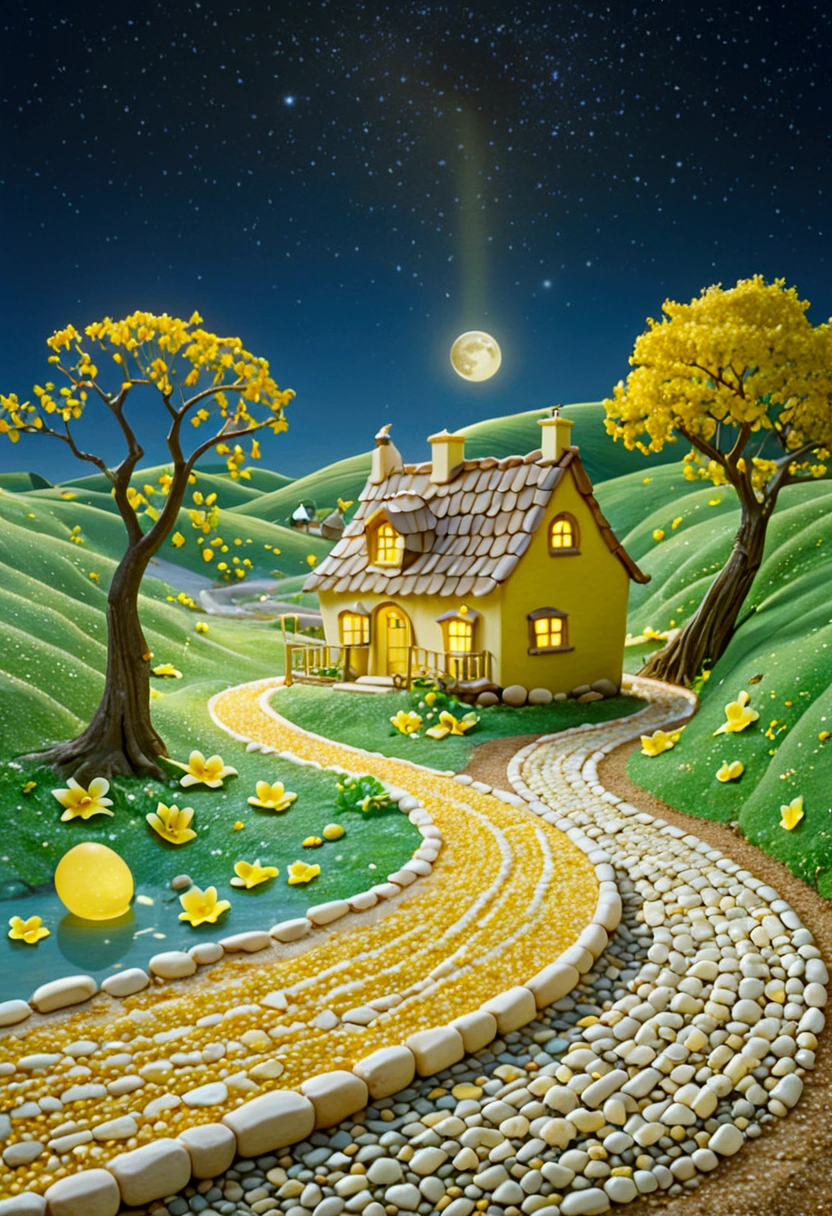 A beautiful calm and peaceful lagoon that reflects the brightness of the stars and moonlight, the stars and the moon have a yellow hue in a starry sky at the bottom of the lagoon cutting horizontally through the landscape we see a little road made of shiny pebbles that passes in front of the little house of a farm. disney pixar style