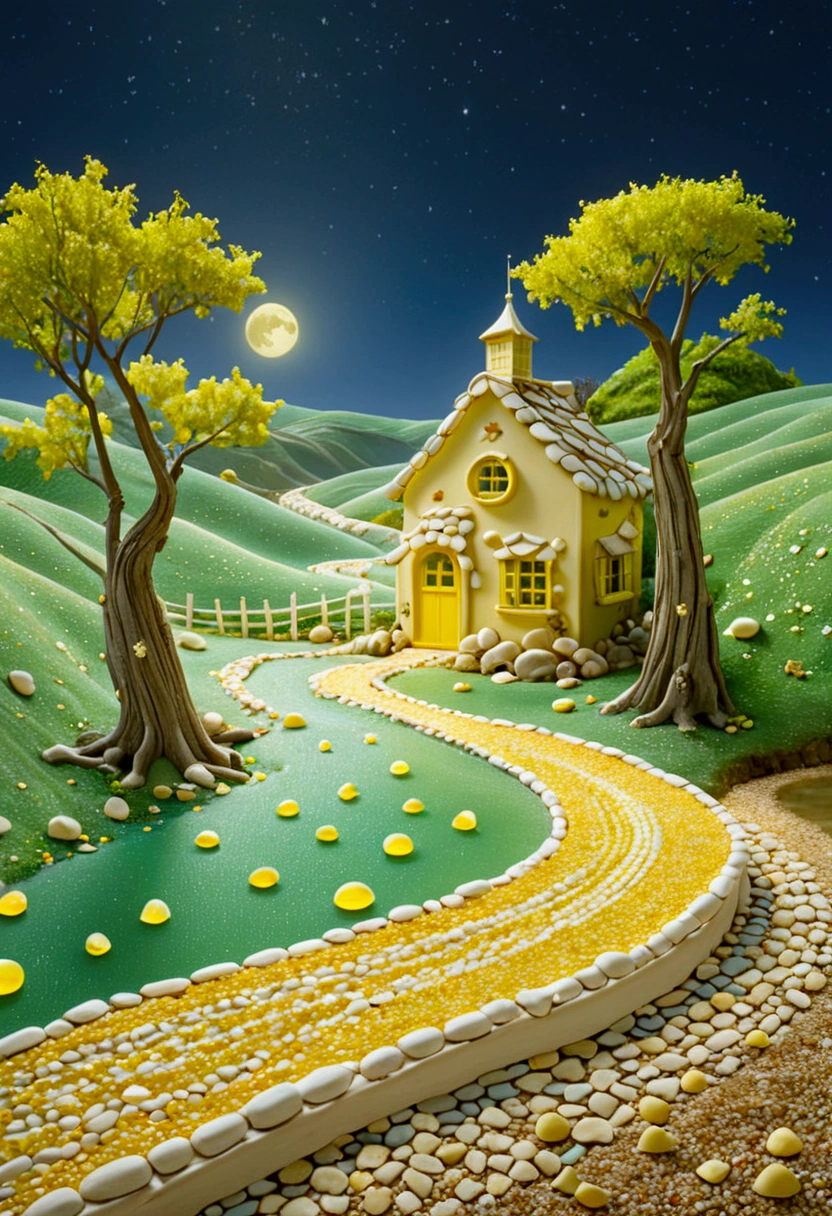 A beautiful calm and peaceful lagoon that reflects the brightness of the stars and moonlight, the stars and the moon have a yellow hue in a starry sky at the bottom of the lagoon cutting horizontally through the landscape we see a little road made of shiny pebbles that passes in front of the little house of a farm. disney pixar style