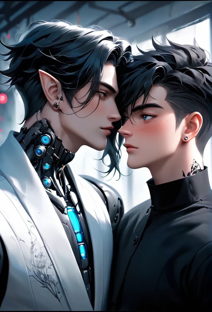 2 guys ethereal demonic 25 year old anime guy male druids, with metallic long pale blond hair, delicate masterpieceintimate delicate etched glowing neon tattoos, Fabulous full view painting of a winking beautiful and gorgeous elf ((male)) almostkissing, perfect face, blue/black pastel eyes, long white/black wisp hair, freckles, piercings, laboratory experiment, perfect anatomy, centered, almost perfect, dynamic, very detailed, glowing, artstation, concept art, soft and sharp focus, art by Carne Griffiths and Wadim Kashin, airbrush graffiti techniques, high-definition accent lighting, epic, elven atmosphere, contrasted with vibrant paint colors., futuristic cyborg in the year 2950,