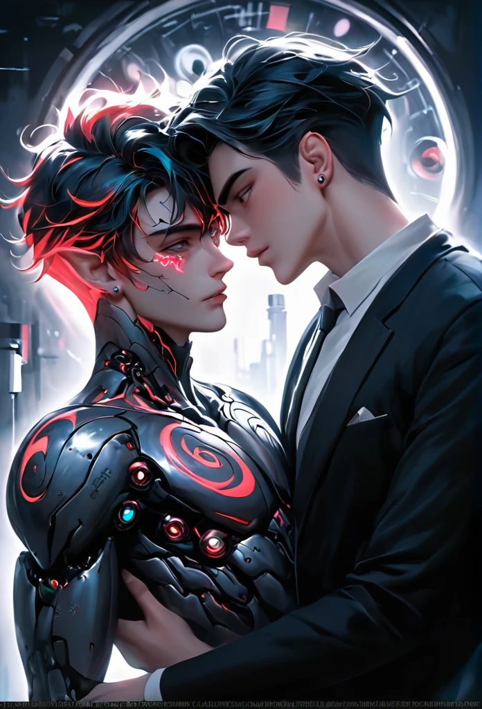 2 guys ethereal demonic 25 year old anime guy male druids, with metallic long pale blond hair, delicate masterpieceintimate delicate etched glowing neon tattoos, Fabulous full view painting of a winking beautiful and gorgeous elf ((male)) almostkissing, perfect face, blue/black pastel eyes, long white/black wisp hair, freckles, piercings, laboratory experiment, perfect anatomy, centered, almost perfect, dynamic, very detailed, glowing, artstation, concept art, soft and sharp focus, art by Carne Griffiths and Wadim Kashin, airbrush graffiti techniques, high-definition accent lighting, epic, elven atmosphere, contrasted with vibrant paint colors., futuristic cyborg in the year 2950,