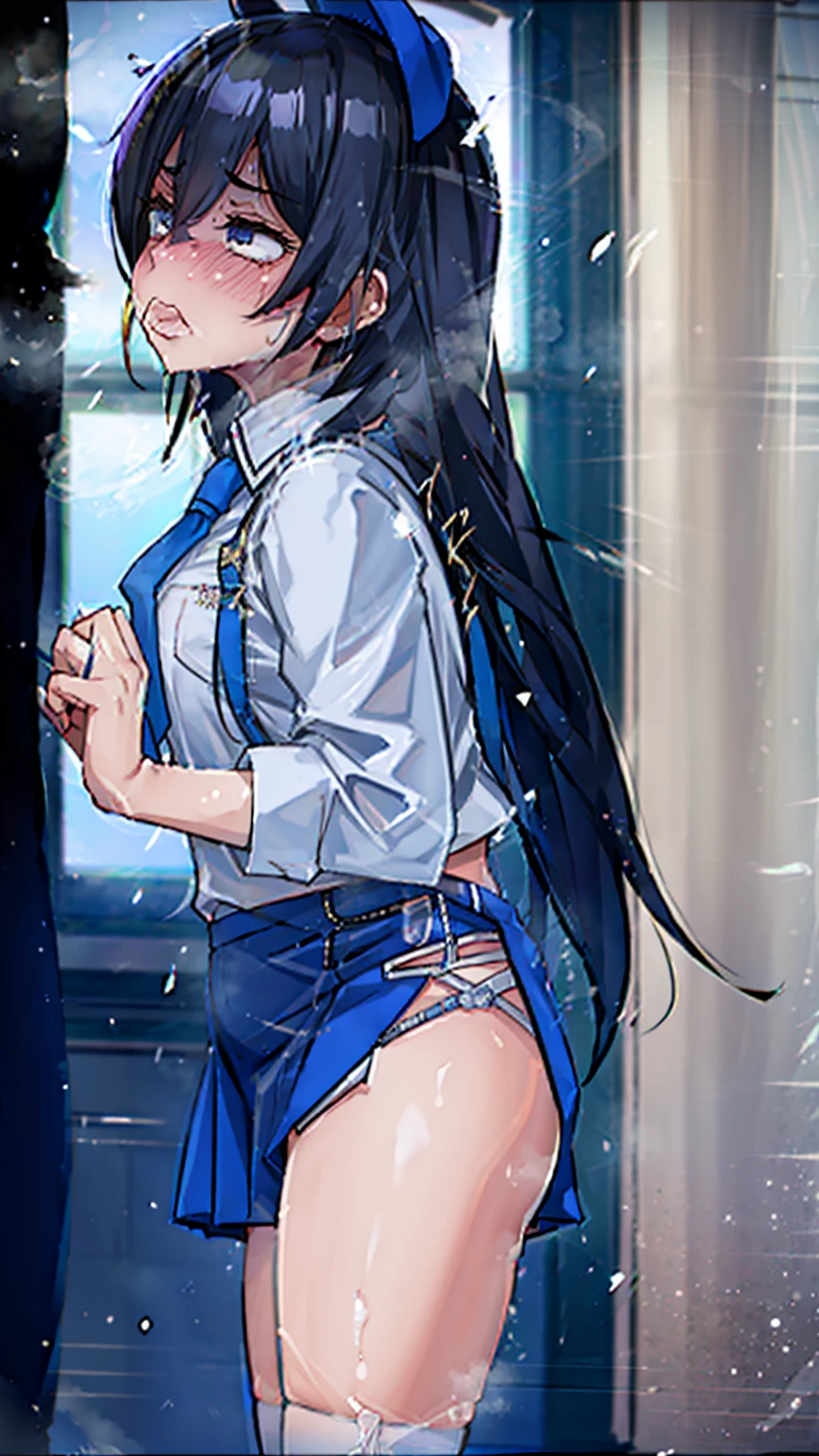 pantie,nsfw,lift pantie,lift underwear, scool girl uniform  clothes, \(clothing\)white shirts,blue mini skirt,white pantie,low angle,BREAK,high leg,crotch,(((embarrassed,long hair))),shirase_sakuya/(idol_m@ster/),black straight hair