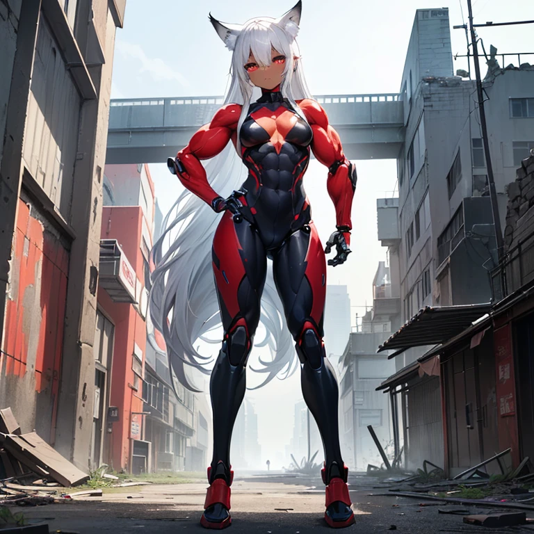 (Fox Girl, Fox Ears, Silver Hair, Fox Makeup, One Girl, Long Hair, Alone on the screen, dark skin, High definition:1.6), (mecha musume, Machinery Parts,Robot Joints, White and red clothes, Full body mechanical suit:1.8), (Body measurements are 75-60-75!, Young girl body, Small breasts, Proudly, Standing posture, slender, muscle:1.9), Avatar, face, 色っぽいface, Dominant representation, naughty face, Uplifting, Skin Texture, outside, ruins, Ruined City, Broken Building, There are no people