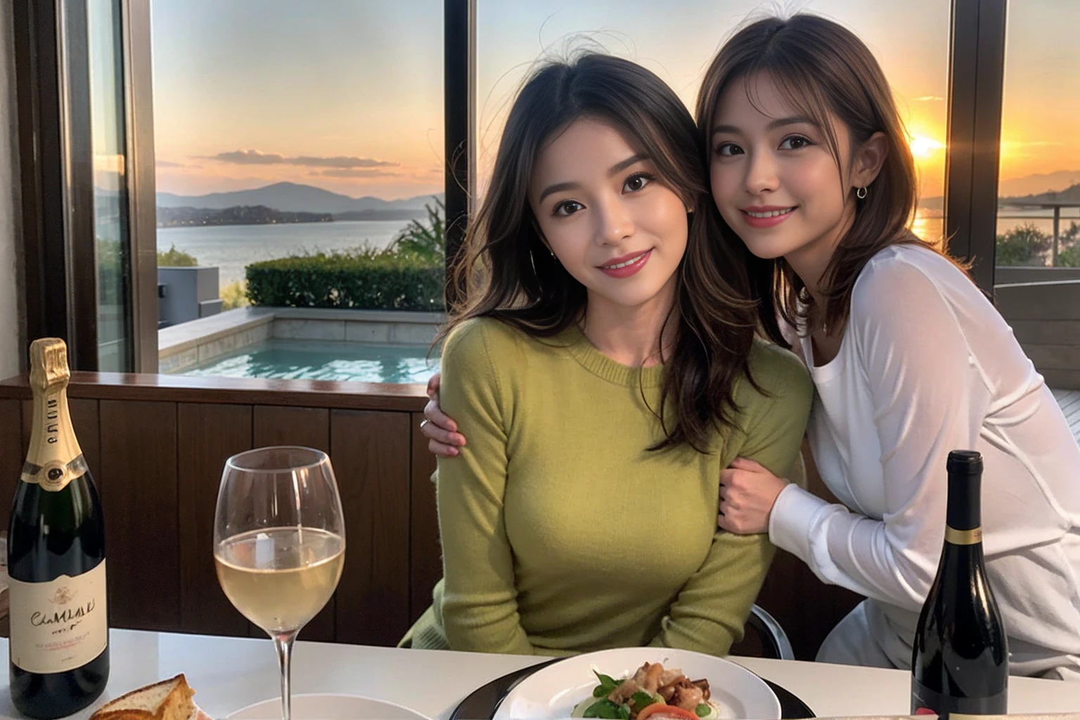 (Realistic:1.1),(masterpiece,Highest quality),8k,(40 years old), 42 years old, slimカップル、Model Couple、actress/actor、Tight waist,Upper Body,full-course dinner、wine 、Amazing view of the sunset sky and clouds、Perfect Anatomy, Brown Hair, short hair,Random Hairstyles,((Highly detailed face and eyes:1.2))(cute顔:1.4),美しいactressの顔,Perfect golden ratio face,Long sleeve shirt、dress,(smile:1.2)、Shortcuts、cute、(Realistic, Intricate details:1.2), A bright smile、short hair,Bright Face、赤wine 、Appetizers、Italian food、wine bottle、Champagne、スパークリングwine、(slimな顔), (The body is slim), (Brown Hair), (Shortcuts), Upper Body, 白wine, slim, wineグラス,