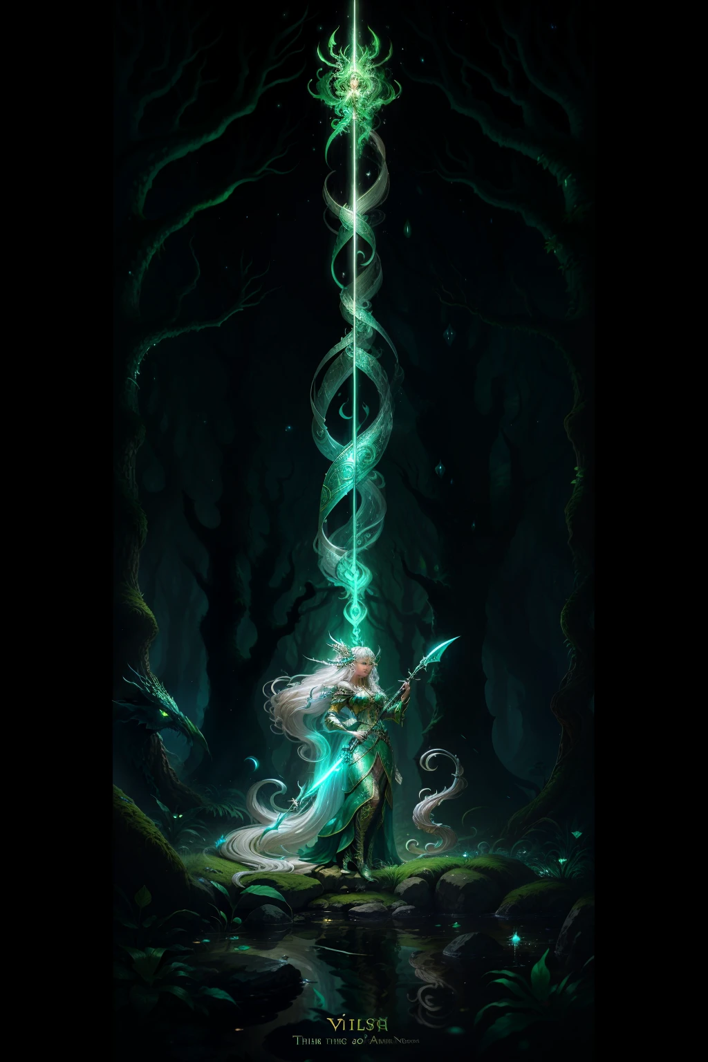 In a 4K 16:9 image, the elven warrior stands defiantly against the monstrous anaconda. Perched on a lush, verdant forest floor, the scene is bathed in the soft, ethereal glow of moonlight filtering through the dense canopy above. The elven woman, clad in shimmering silver armor that reflects the light like stardust, wields a blade imbued with ancient elven magic. Her long, flowing silver hair cascades around her, the tips gleaming like moonbeams. Her piercing emerald eyes are filled with determination and focus as she locks gaze with the serpentine beast.
The an