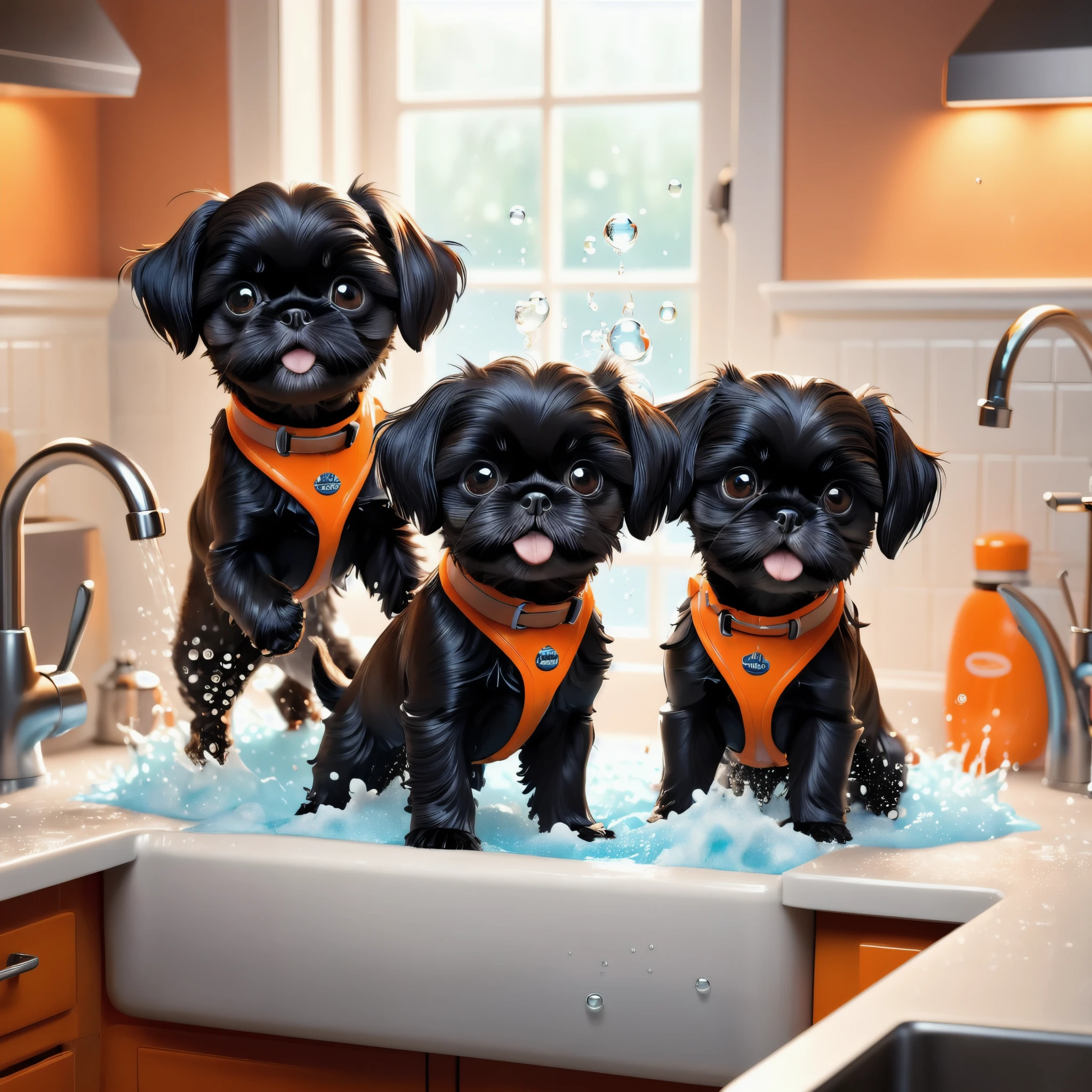 2 adorable small black shih tzu puppies wearing red collars,disney kitchen,3d cartoon,3d render,disney pixar style,refrigerator making food mess,extremely detailed,masterpiece,photorealistic,vibrant colors,warm lighting,cute,adorable,playful,mischievous