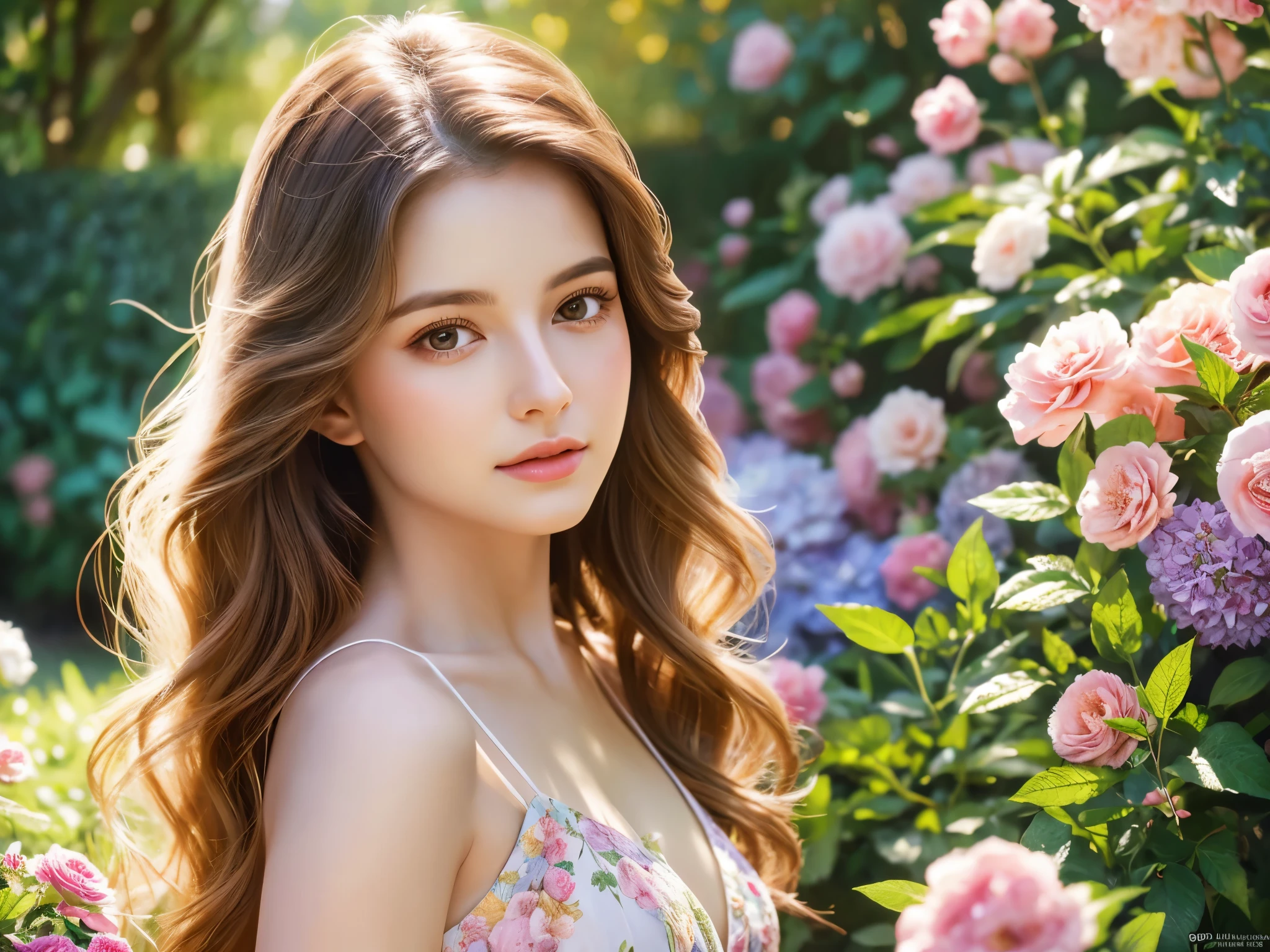 a beautiful girl, detailed face, flawless skin, long wavy hair, elegant dress, in a garden full of flowers, sunlight, soft lighting, serene expression, cinematic composition, photorealistic, high quality, intricate details, 4k, digital art, oil painting style
