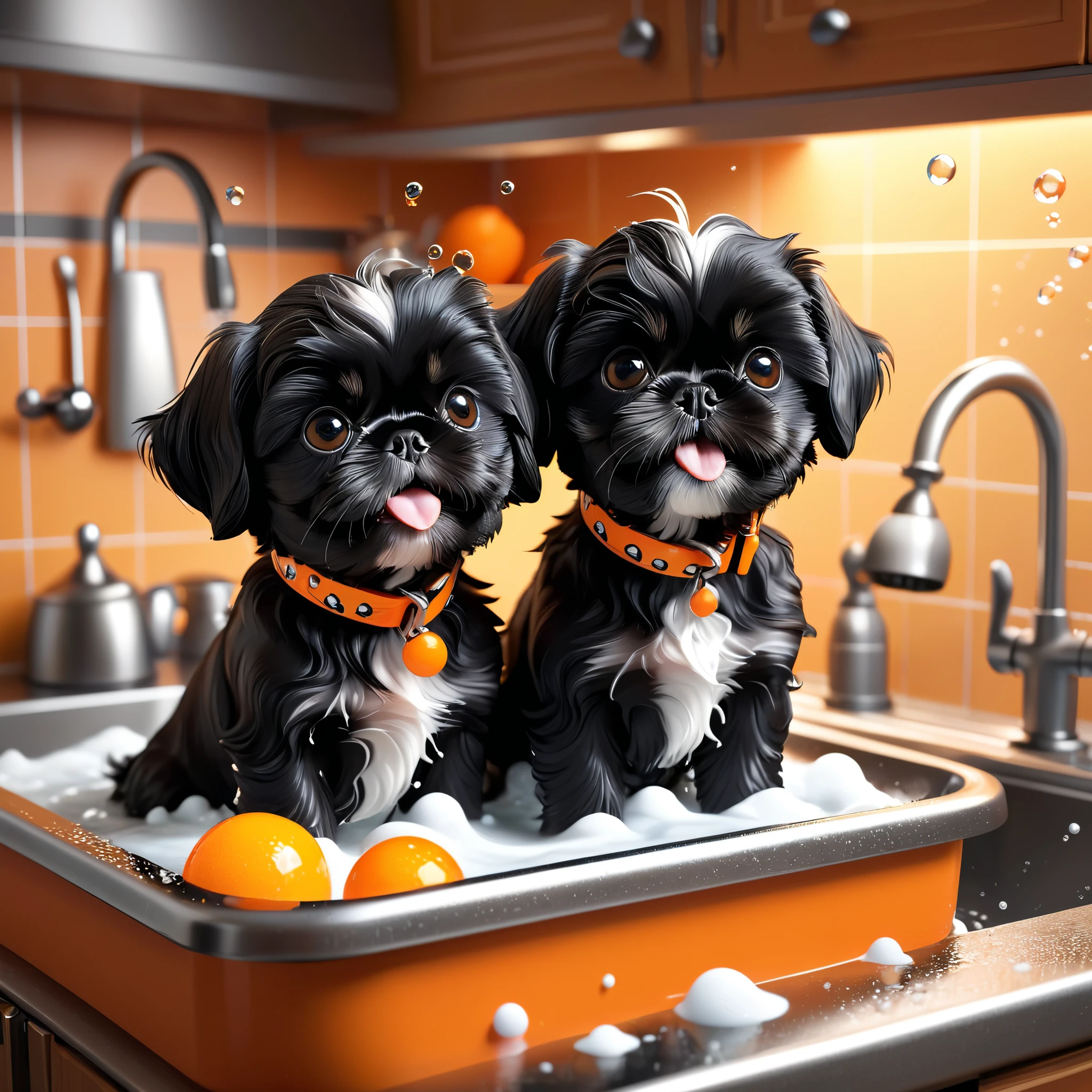 2 adorable small black shih tzu puppies wearing red collars,disney kitchen,3d cartoon,3d render,disney pixar style,refrigerator making food mess,extremely detailed,masterpiece,photorealistic,vibrant colors,warm lighting,cute,adorable,playful,mischievous