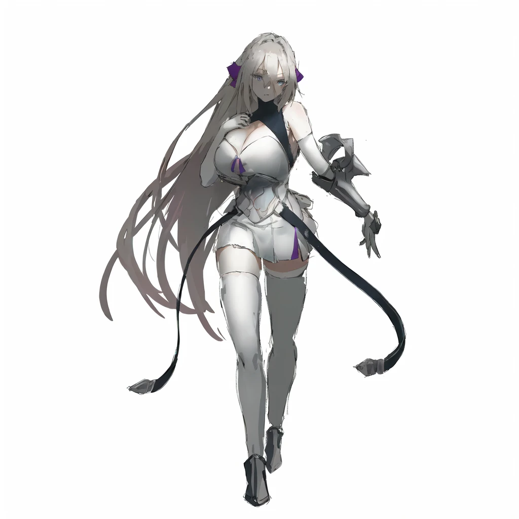 anime girl with long silver hair and armor in her left arm walking, (((silver hair))), anime character sheet, official character art, cushart krenz key art feminine, ( ( character concept art ) ), purple hairties, purple laces, female anime character, (light purple eyes), ((big breasts)), short white dress, armor in belly, belts, white long socks, fantasy anime character, (((pale skin))), characters from azur lane