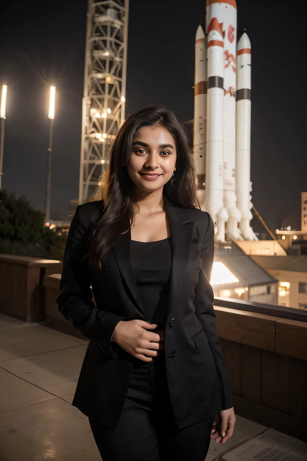 ((best quality)), ((masterpiece)), (detailed),
A 21 year old beautiful Indian girl with long hair smiling face beautiful eyes ponytail hairstyle wearing suit coat pant blazer dark colour dress standing in space centre a large rocket under construction background