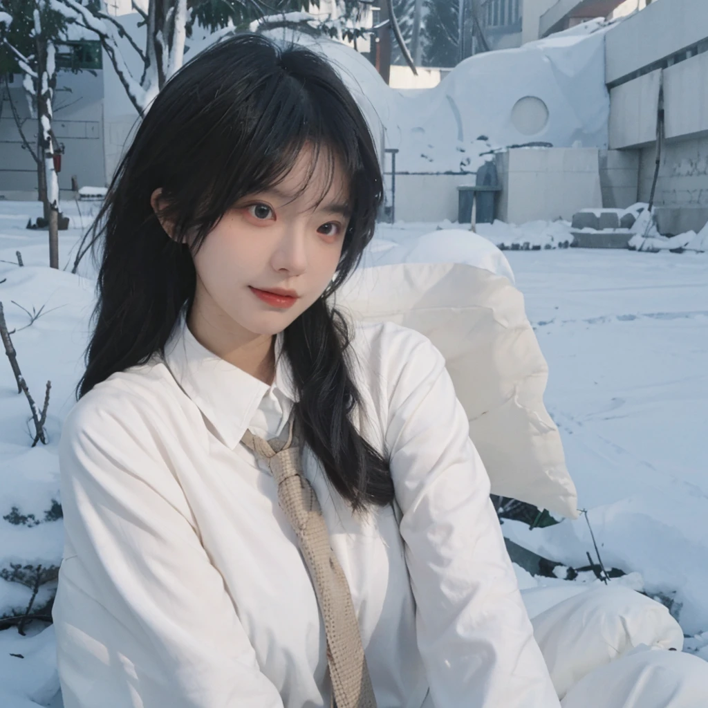 Best quality,masterpiece,Double tail,Ultra-high resolution,snow,16K,Snow background,(Photo Realism:1.4),1 Girl,JK,sexly,(shirt and tie:1.2),(Big breasts:2.3),(Upper body:1.4)