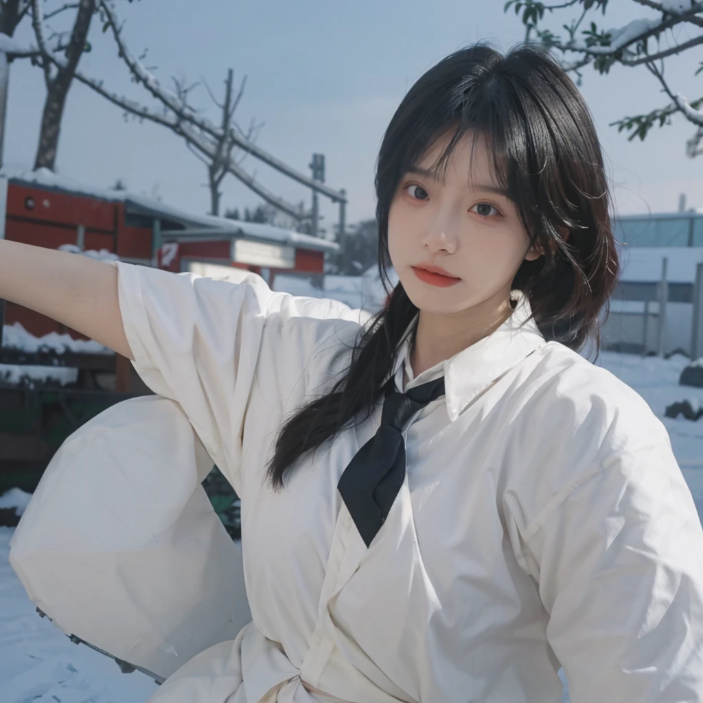Best quality,masterpiece,Double tail,Ultra-high resolution,snow,16K,Snow background,(Photo Realism:1.4),1 Girl,JK,sexly,(shirt and tie:1.2),(Big breasts:2.3),(Upper body:1.4)