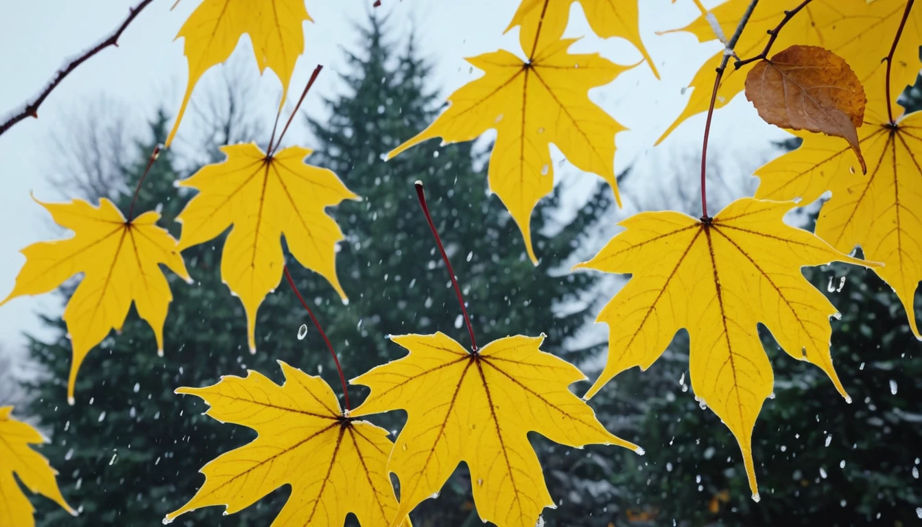 (Lemon Yellow gradation leaves),(winter leaves), (half withered),(niagara falls),magical round leaves leaves falling, snow is falling thinly,nature documentry footage, youtube video screenshot, today's featured photography 4k, autumn rain turkel, nature photography 4k, May, cinematic widescreen shot, leaves and magic, high quality screenshot, 2 0 2 1 cinematic 4 k framegrab, wide screenshot