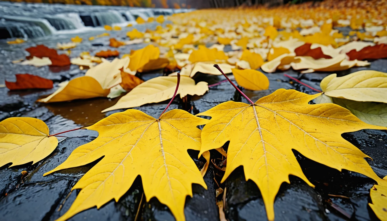 (Lemon Yellow gradation leaves),(winter leaves), (half withered),(niagara falls),magical round leaves leaves falling, snow is falling thinly,nature documentry footage, youtube video screenshot, today's featured photography 4k, autumn rain turkel, nature photography 4k, May, cinematic widescreen shot, leaves and magic, high quality screenshot, 2 0 2 1 cinematic 4 k framegrab, wide screenshot