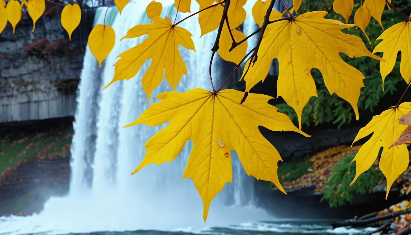 (Lemon Yellow gradation leaves),(winter leaves), (half withered),(niagara falls),magical round leaves leaves falling, snow is falling thinly,nature documentry footage, youtube video screenshot, today's featured photography 4k, autumn rain turkel, nature photography 4k, May, cinematic widescreen shot, leaves and magic, high quality screenshot, 2 0 2 1 cinematic 4 k framegrab, wide screenshot