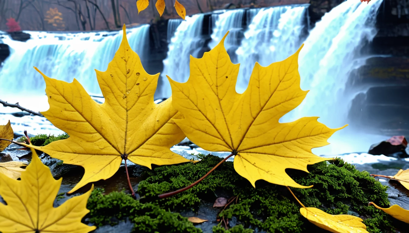 (Lemon Yellow gradation leaves),(winter leaves), (half withered),(niagara falls),magical round leaves leaves falling, snow is falling thinly,nature documentry footage, youtube video screenshot, today's featured photography 4k, autumn rain turkel, nature photography 4k, May, cinematic widescreen shot, leaves and magic, high quality screenshot, 2 0 2 1 cinematic 4 k framegrab, wide screenshot