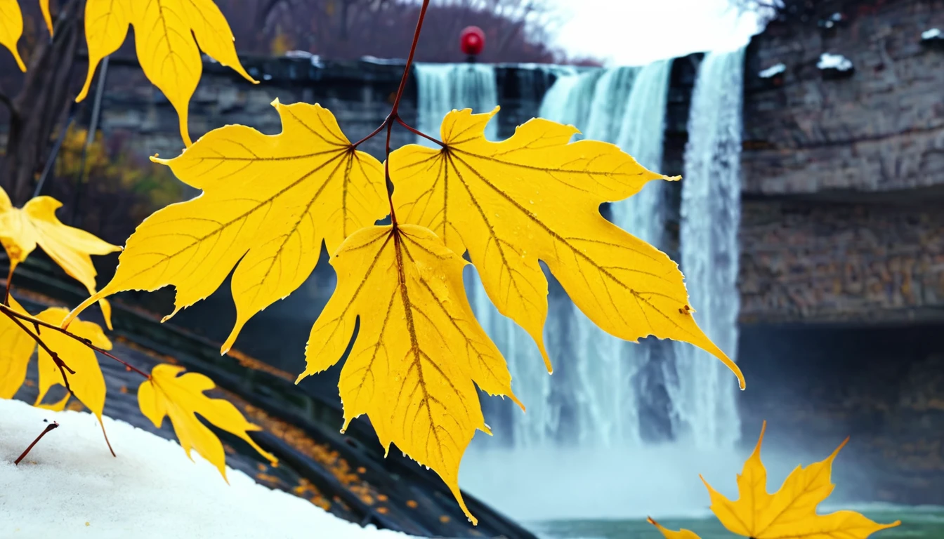(Lemon Yellow gradation leaves),(winter leaves), (half withered),(niagara falls),magical round leaves leaves falling, snow is falling thinly,nature documentry footage, youtube video screenshot, today's featured photography 4k, autumn rain turkel, nature photography 4k, May, cinematic widescreen shot, leaves and magic, high quality screenshot, 2 0 2 1 cinematic 4 k framegrab, wide screenshot