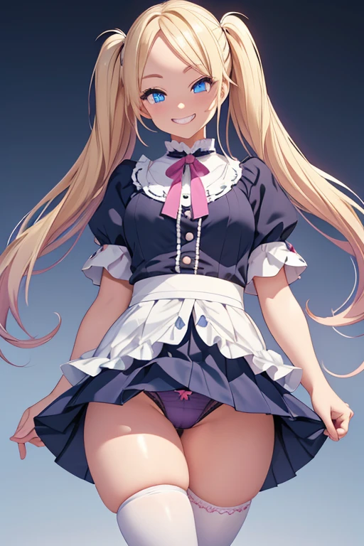 Realistic、1house wife、blonde hair、twin tail, Blue eyes, (eye focus:1.3,face focus),(Gradient eyes:1.3),(sexy panties, skirt
)、open mouth,(grin:1.3),forehead,cute face、((Thick thighs、Beautiful thighs)), A condescending gaze on the viewer