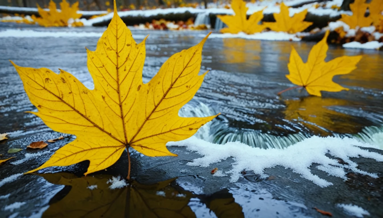 (Lemon Yellow gradation leaves),(winter leaves), (half withered),(niagara falls),magical round leaves leaves falling, snow is falling thinly,nature documentry footage, youtube video screenshot, today's featured photography 4k, autumn rain turkel, nature photography 4k, May, cinematic widescreen shot, leaves and magic, high quality screenshot, 2 0 2 1 cinematic 4 k framegrab, wide screenshot