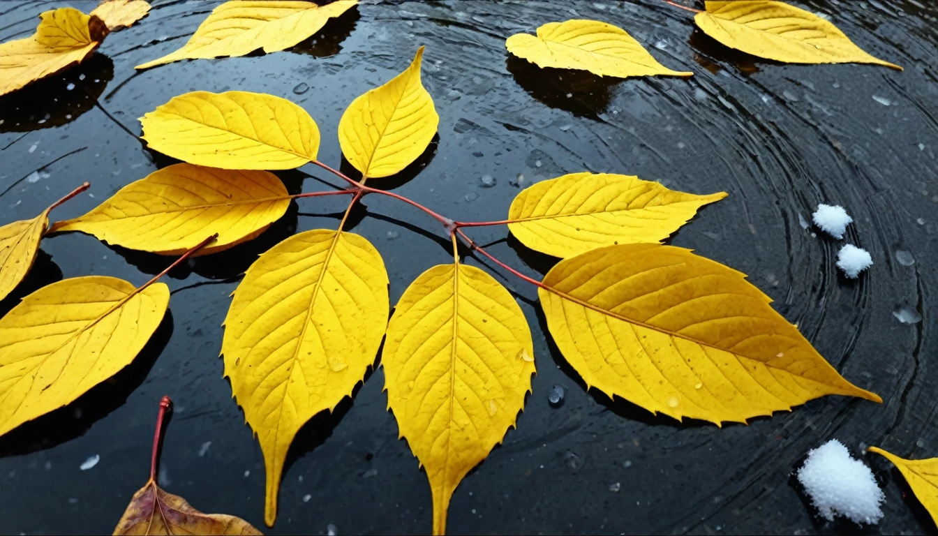 (Lemon Yellow gradation leaves),(winter leaves), (half withered),(niagara falls),magical round leaves leaves falling, snow is falling thinly,nature documentry footage, youtube video screenshot, today's featured photography 4k, autumn rain turkel, nature photography 4k, May, cinematic widescreen shot, leaves and magic, high quality screenshot, 2 0 2 1 cinematic 4 k framegrab, wide screenshot