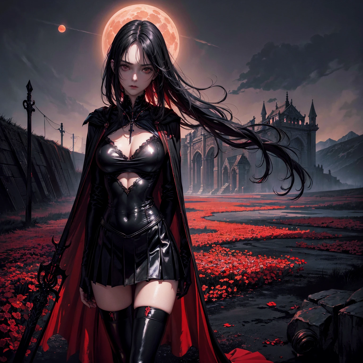 best quality, 4K, high resolution, masterpiece:1.2, Very detailed, actual:1.37, Mood lighting, Girl in a long cape, Only wearing a reflective rubber bra and a reflective latex skirt and a pair of knee-high stockings, Exposes the navel,Shows the skin above the chest, Dangerous sneer, Black Hair, Standing, Facing the camera, Crucified, Pitch black sky, Blood-red moon, strange atmosphere, Gothic style, Unforgettable beauty, Dramatic shadows, Ethereal Light, Mysterious atmosphere.