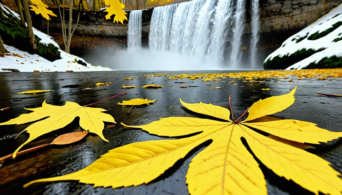 (Lemon Yellow gradation leaves),(winter leaves), (half withered),(niagara falls),magical round leaves leaves falling, snow is falling thinly,nature documentry footage, youtube video screenshot, today's featured photography 4k, autumn rain turkel, nature photography 4k, May, cinematic widescreen shot, leaves and magic, high quality screenshot, 2 0 2 1 cinematic 4 k framegrab, wide screenshot