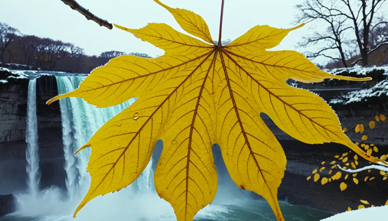 (Lemon Yellow gradation leaves),(winter leaves), (half withered),(niagara falls),magical round leaves leaves falling, snow is falling thinly,nature documentry footage, youtube video screenshot, today's featured photography 4k, autumn rain turkel, nature photography 4k, May, cinematic widescreen shot, leaves and magic, high quality screenshot, 2 0 2 1 cinematic 4 k framegrab, wide screenshot