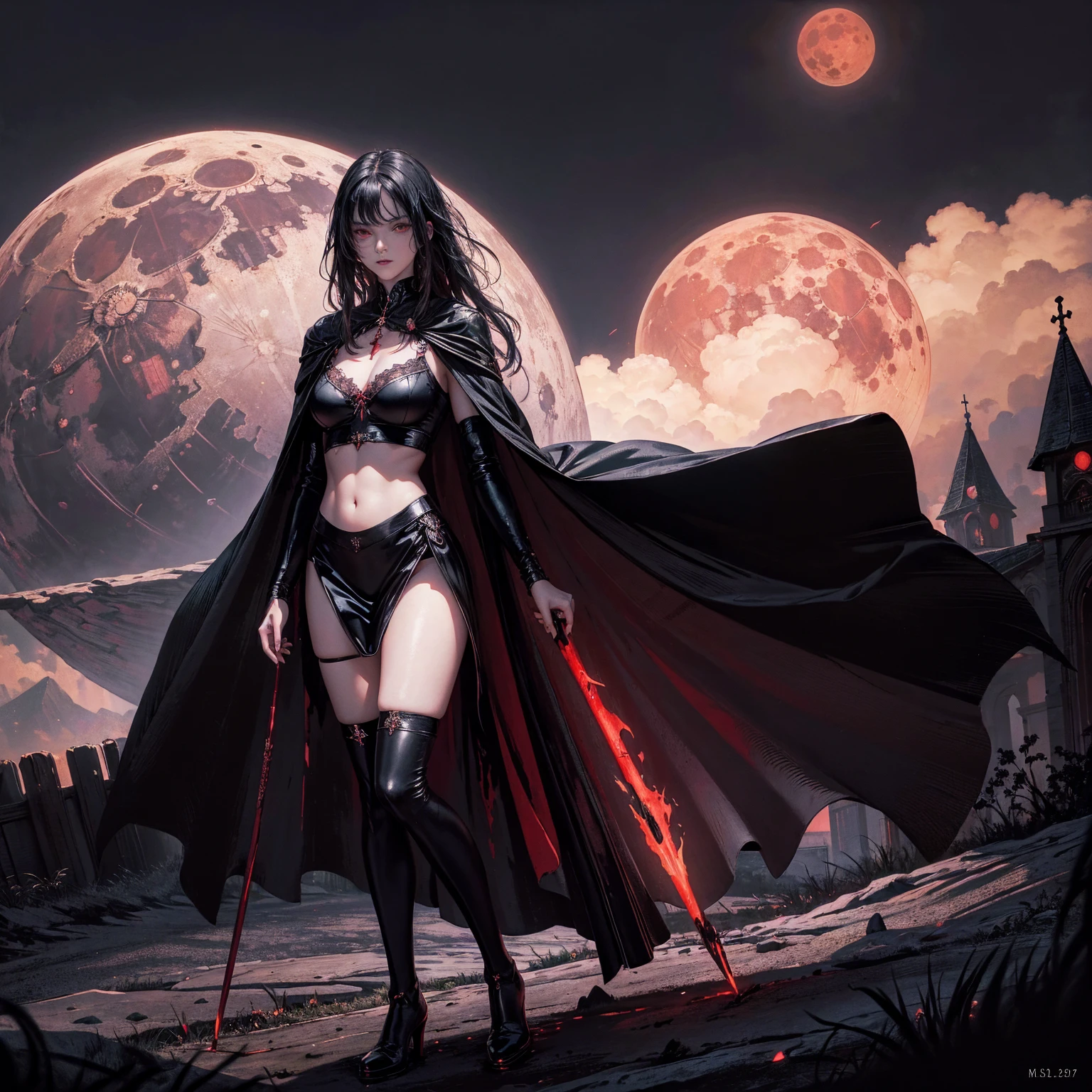 best quality, 4K, high resolution, masterpiece:1.2, Very detailed, actual:1.37, Mood lighting, Girl in a long cape, Only wearing a reflective rubber bra and a reflective latex skirt and a pair of knee-high stockings, Exposes the navel，Shows the skin above the chest, Dangerous sneer, Black Hair, Standing, Facing the camera, Crucified, Pitch black sky, Blood-red moon, strange atmosphere, Gothic style, Unforgettable beauty, Dramatic shadows, Ethereal Light, Mysterious atmosphere.
