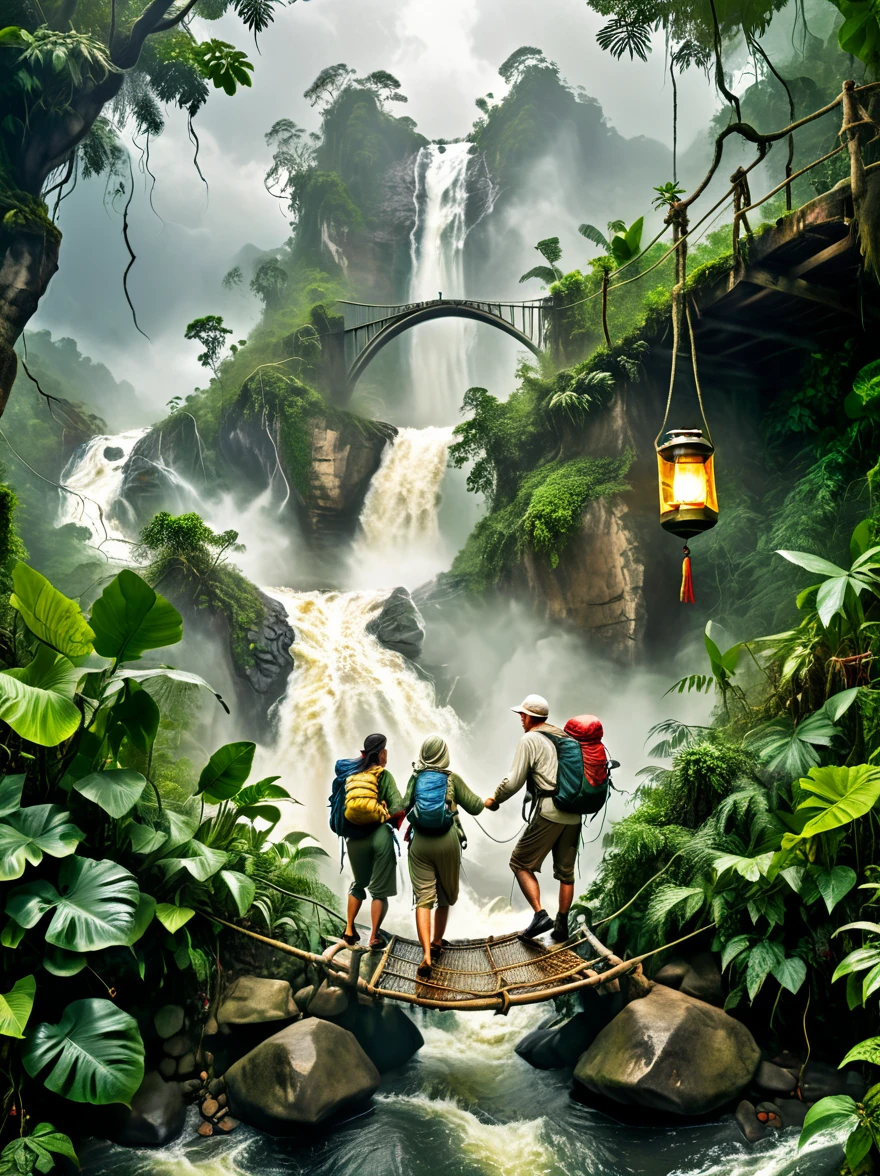 This is a picture full of exciting jungle adventure theme,Demonstrated resilience in the face of adversity,The background of the picture is a dense rainforest,Depicts a middle-aged white man and a young Middle Eastern woman,Both were dressed in rough clothing,Getting ready for a hike in the jungle,In a fierce storm,They crossed a dangerous rope bridge,There is a turbulent river under the bridge,On the top of a distant mountain,A figure holding a lantern,Bringing hope and inspiration to people,This image symbolizes courage in the face of adversity,Determination and tenacity,Emphasizes the indomitable spirit of human beings